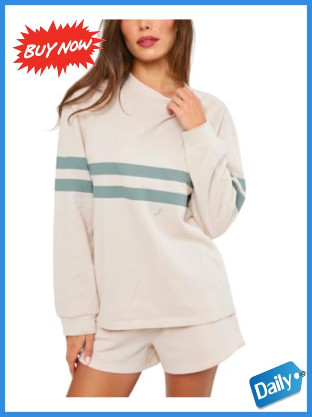 100% Cotton Long Sleeve Crewneck Top & Shorts Matching Lounge Set